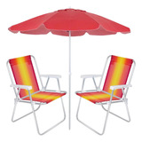 Kit Guarda Sol Vermelho 2 M + 2 Cadeiras De Praia / Aluminio
