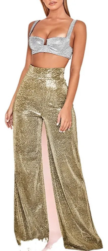 Pantalones Anchos Cintura Alta Con Estampado Plateado Mujer