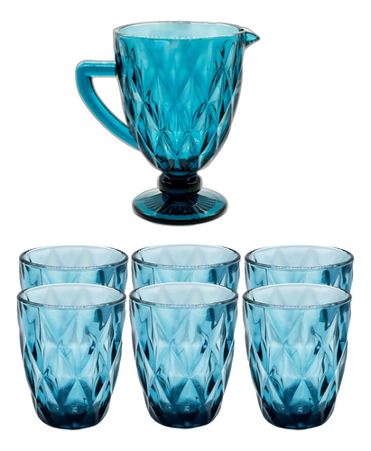 Combo Jarra Y  X6 Vasos Vidrio Labrado The Kitchen Colores