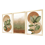 Kit 3 Quadros Decorativos 43x63 Plantas Degradê Sala Moldura Cor Tons Marrom E Verde Cor Da Armação Pinus