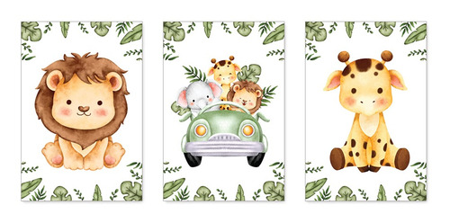 Kit 3 Quadros Safari Aquarela Infantil Quarto Criança 0126