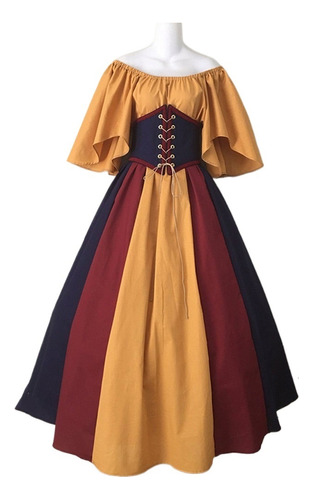 Vestido De Mujer Medieval Gótico Patchwork Encaje Cuello Cor