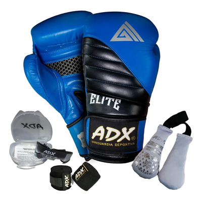 Kit Guantes De Box Adx Elite Piel Res. Multicapas+accesorios Color -azul\u002Fnegro- Talla -14 Onzas | Meses sin interés
