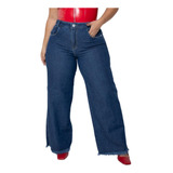 Calça Jeans Plus Size Wide Leg Lisa Basica Barra Desfiada