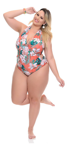 Maiô Plus Size Compressão Frontal Engana Mamãe Laranja Flowe