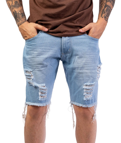 Bermuda Shorts Jeans Rasgado Masculino Curto Acima Do Joelho