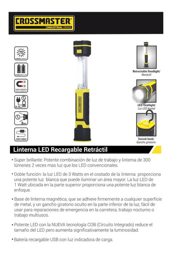 Linterna Led Recargable Retractil 3 W Crossmaster 9932730 Color De La Linterna Amarillo Color De La Luz Blanco