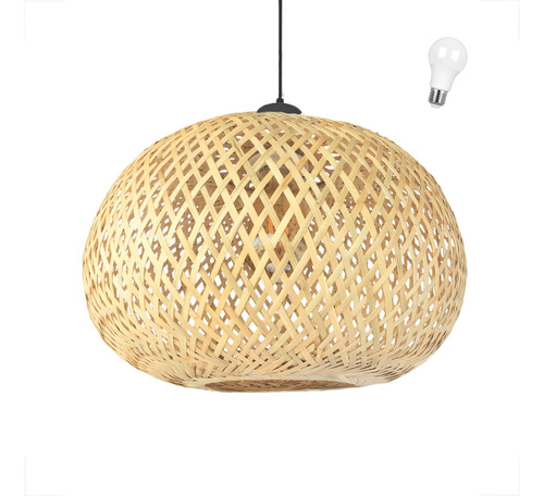 Pendente Bambu Fibra Natural Artesanal Quarto Nat01 + Led