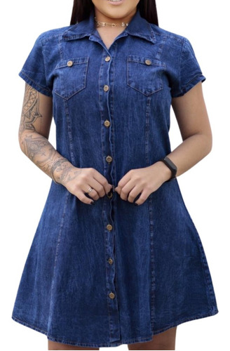 Vestido Chemise Jeans Manga Curta Leve Soltinho Moda 