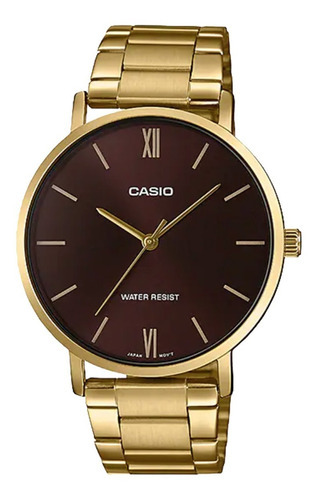 Reloj Casio De Vestir Mtp-vt01g-5b Para Hombre Acero Dorado Color Del Fondo Marrón Oscuro