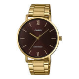 Reloj Casio De Vestir Mtp-vt01g-5b Para Hombre Acero Dorado Color Del Fondo Marrón Oscuro