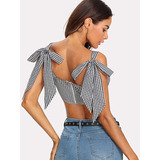 Croptop Negro Cuadrillé Tirantes Con Lazo Shein