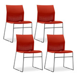 Kit 04 Cadeiras Fixa Base Preta Empilhável Conect Vermelho