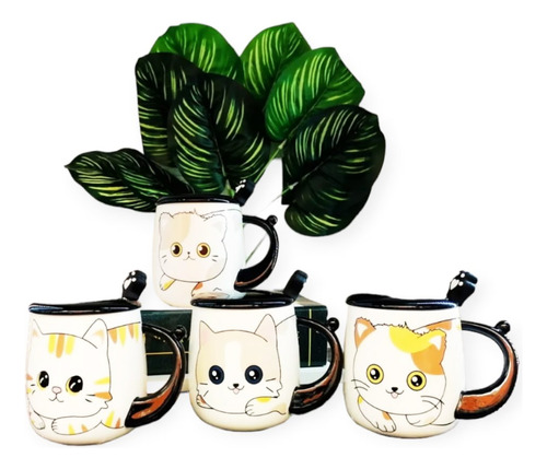 Taza Gato Gatito Para Café De Cerámica Con Tapa Y Cuchara