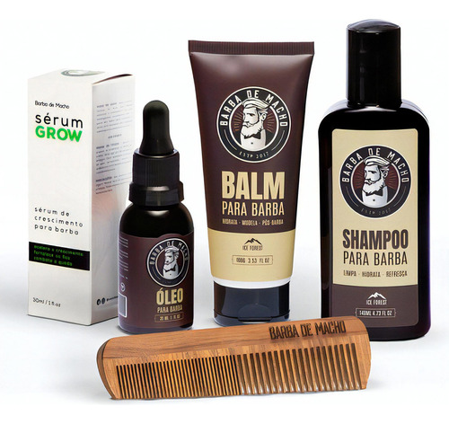 Kit Tratamento Falhas Na Barba Shampoo Balm Óleo Serum Grow Fragrância Amadeirado Suave