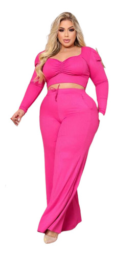 Conjunto Feminino Plus Size Canelado Cropped Calça Moleton