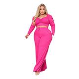 Conjunto Feminino Plus Size Canelado Cropped Calça Moleton