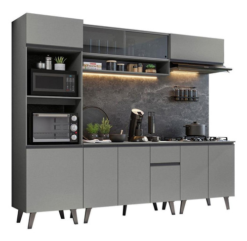 Armário De Cozinha Completa 260cm Cinza Nice Madesa Grnc2600013b