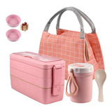 Lunch Box 3 Niveles Bento Box Y Bolsa Termica Lonchera Rosa