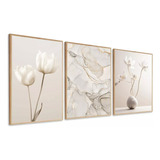 Quadro Decorativo Flores Bege Grande Abstrato Moldura 60x80
