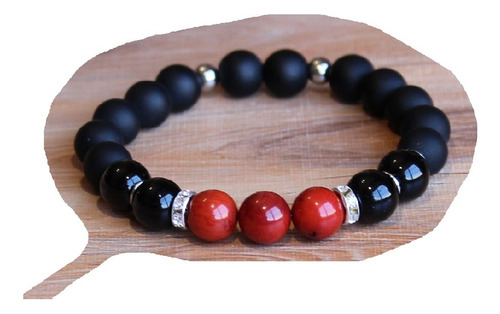 Pulsera Obsidiana Negra Mexicana - Coral Rojo - Ónix Negro