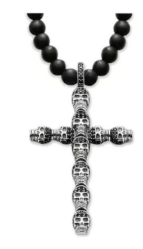 Collar Hombre Obsidiana Cruz Calaveras 3d Cristal Zirconia