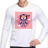 Remera Hombre Ml Shiba Inu Vestido De Astronauta Pink