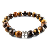 Pulsera Ojo De Tigre Cafe 10mm Cruz De Hierro Moda Hombre