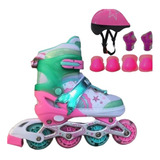 Patins Inline Infantil Sereia + Kit Proteção Rodas Em Led