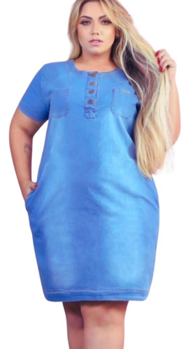 Vestido Jeans Chemise Feminino Plus Size Com Bolso 