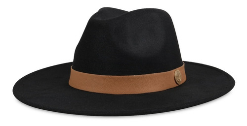 Chapéu Fedora Preto Faixa De Couro Caramelo Aba 8cm Unissex