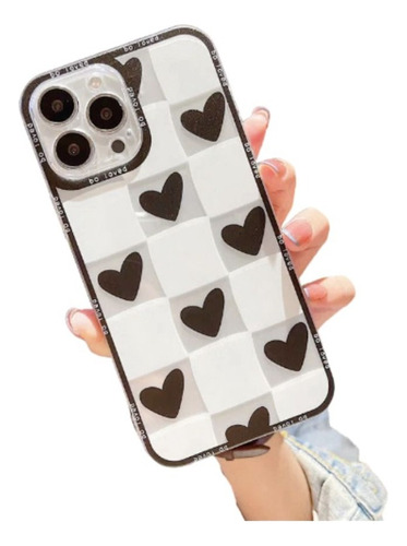 Funda Para iPhone Con Corazones Y Cuadros + Cristal Templado