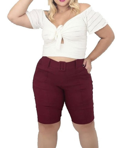 Bermuda Feminina Plus Size De Bengaline C/ Cinto Fivela