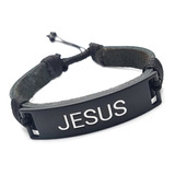 Pulseira Masculina Couro Preto Regulavel Jesus Tudo Posso