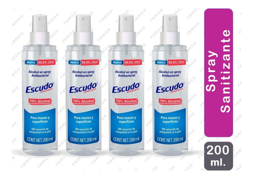 Spray, Sanitizante, Antibacterial, Escudo, 4 Pza. 200ml.