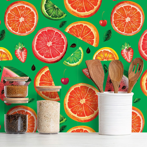 Papel De Parede Adesivo Cozinha Com Frutas E Fundo Verde 5m