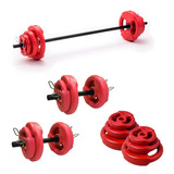 Barra + 2 Mancuernas + 24 Kg En Discos Pvc Rellenos Rojos