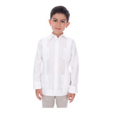 Abito Guayabera Para Niño De Lino Manga Larga Color Blanco Mod. Tradicional 100% Lino, Guayabera Yucateca Para Niño