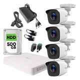 Hilook Kit De Video Vigilancia Turbo Hd 4 Cámaras Metálicas 720p + Disco Duro 500 Gb Cámaras De Seguridad De Alta Resolución Con Visión Nocturna Cctv