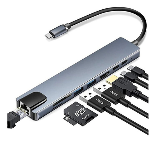 Adaptador Hub 8 Em 1 Tipo C Lan Tf Sd Hdmi Usb Pd