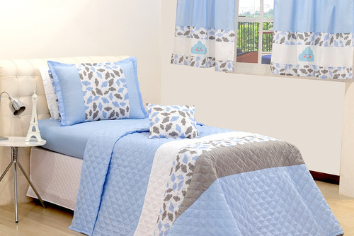 Kit Colcha Cobre Leito Cama Solteiro Box Nuvem Azul Kids