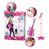 Guitarra Com Microfone E Pedestal Infantil Karaokê Som Mp3 Cor Rosa Guit + Mic