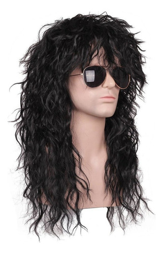 Peluca De Metal 80s Rocker For Hombre Peluca Negra Larga Y