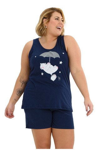 Pijama Verão Feminino Regata Plus Size De Algodão Ursinho