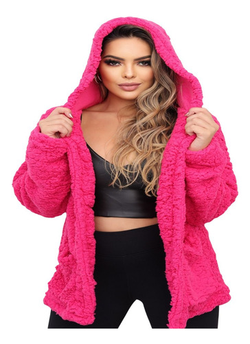 Casaco Feminino Sobretudo Teddy Pelúcia Blogueiras Inverno