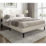 Cama Queen Terciopelo Botones, Cabecera Capitoné, Beige, Fác