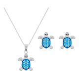 Set Aretes Y Collar Tortuga Azul, Joyeria Para Mujer Plata