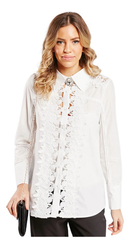 Camisa Zara Guipure Piedra Cristal Strass Botones Encaje