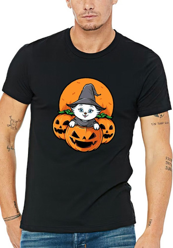 Poleras Estampadas Con Diseño Hallowen Gato Calabaza