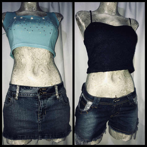 Dúo Mini Falda Mezclilla Brillos + Crop Top Encaje Detalle